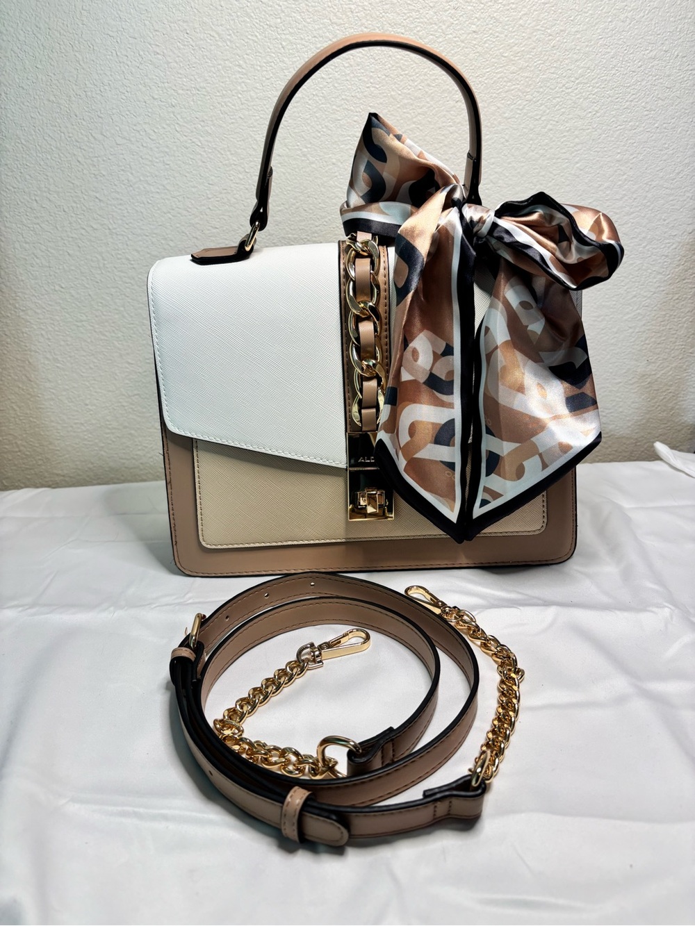 Aldo Two-Tone Top Handle Satchel with Patterned Scarf - White & Beige